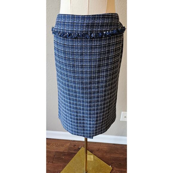 NWT Kasper Blue Plaid Fringe Open Front Tweed‎ Jacket Skirt Suit Set Winter L 12 - Picture 5 of 10